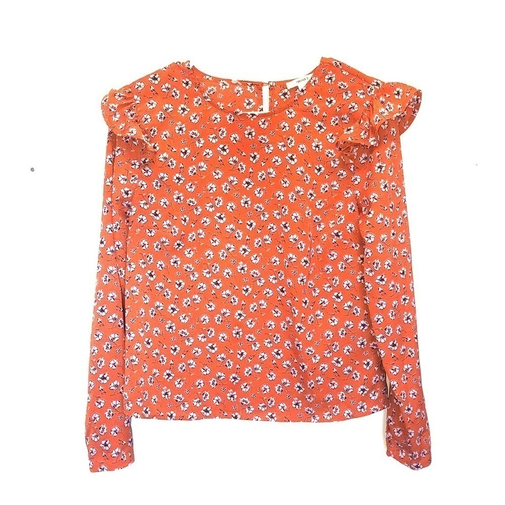 2/$15 Forever 21 - Orange Pink Floral Flutter Long Sleeve Blouse Size Small